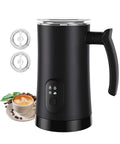 4 In 1 Electric Milk Frother And Steamer For Hot And Cold Foam 11 Oz Capacity Makes Latte Cappuccino And Hot Chocolate At Home With One Button Operation Black, with latte and two whisks