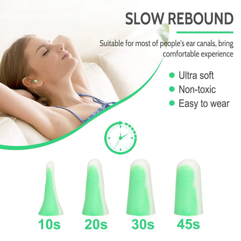 Woman resting with Ultra Soft Foam Ear Plugs For Sleep 60 Pairs With 38dB SNR Noise Reduction, green and white foam, slow rebound