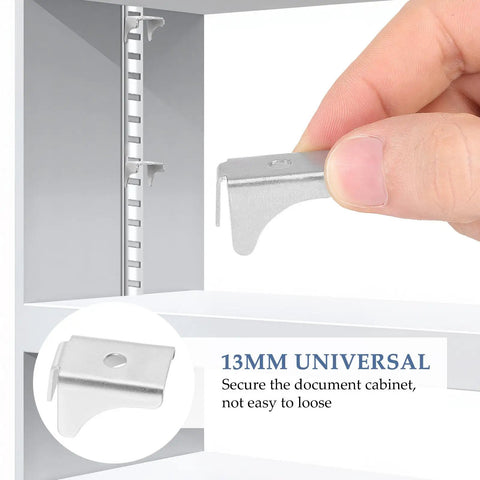 Close-up of hand holding Heavy Duty Steel Shelf Clips for Metal Cabinets and Display Units with simple structure, 13mm size.