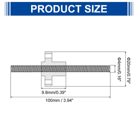 Technical diagram of Two Pack 100mm TR4X1 Lead Screws With Brass Nuts For 3D Printers, 1mm Pitch, showing dimensions and size.