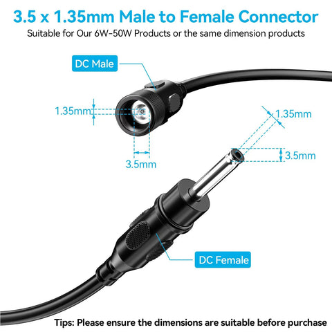 3.5 x 1.35mm male to female connector for 10 Foot Extension Cord For Solar Water Fountain Pump With Waterproof Connector Easy Install Without Cutting Wire Heavy Duty 3515 Cable Extends From Solar Panel To Pump For 3.5W To 25W Pumps