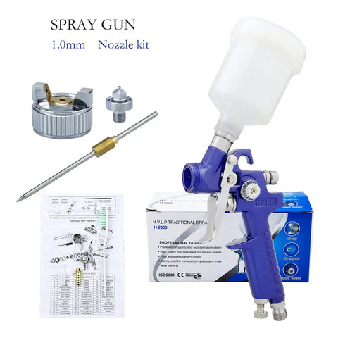 Lightweight Pneumatic Hvlp Spray Gun With 0 8 And 1 0 Mm Nozzles For Sweet Automotive Finishes showing 1.0mm nozzle kit and clear paint reservoir.