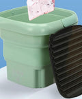Ultra Portable Folding Washing Machine, No Sweat Collapsible Laundry Tub For Fresh Threads And Quick Loads, Compact Electrical Spin Cycle Rig With Smooth Touch Panel, Solid Choice For Road Trips, Campus Living Or Small Studios, Blue with black lid and pink garment.