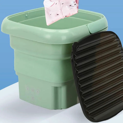 Ultra Portable Folding Washing Machine, No Sweat Collapsible Laundry Tub For Fresh Threads And Quick Loads, Compact Electrical Spin Cycle Rig With Smooth Touch Panel, Solid Choice For Road Trips, Campus Living Or Small Studios, Blue with black lid and pink garment.