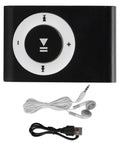 Compact black clip on MP3 player with USB cable and earphones, ultra lightweight portable music player for sports and hiking.