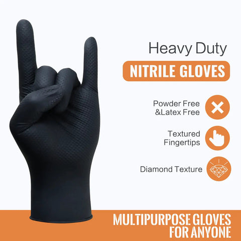 Heavy Duty Black Nitrile Disposable Gloves Medium 8 Mil Thick 100 Pack Latex And Powder Free featuring textured grip.