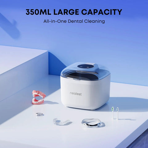 Ultrasonic Retainer Cleaner Machine For Dentures Aligners Braces And Mouth Guards With 45kHz Power And 24W Transducer, 350ml Stainless Pod