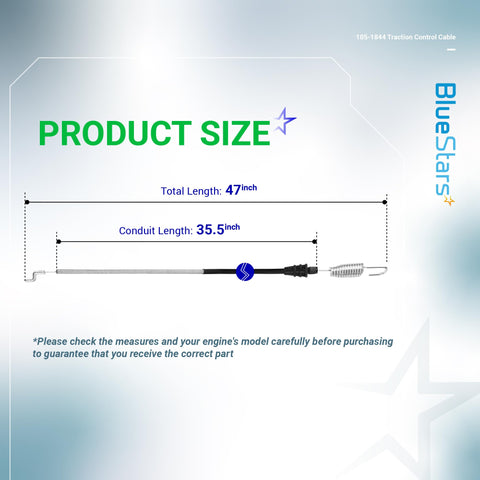 Traction Control Cable For Toro 22 Inch Recycler Lawn Mower With Personal Pace Self Propelled Rear Drive Beefy 47 Inch Cable And 35.5 Inch Conduit Replaces 1051844 Fits 2002 2009 Models Stens 290-927 Rotar Compatible. product size diagram showing 47-inch cable and 35.5-inch conduit