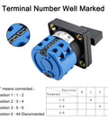 4 Position 8 Terminal Universal Rotary Cam Changeover Switch SYW28-20 Latching 550V 20A with terminal diagram and blue housing
