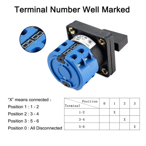 4 Position 8 Terminal Universal Rotary Cam Changeover Switch SYW28-20 Latching 550V 20A with terminal diagram and blue housing