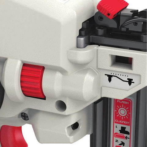 Close-up of 20V Max Lithium 18GA Brad Nailer Kit Cordless Battery Powered Finish Nailer with adjustment dials and settings.