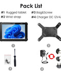 Pack list for Built Different 10.1 Inch Rugged Tablet With High Speed Barcode Scanner including wrist strap, charger, and screws.
