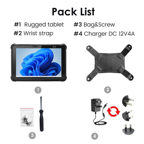 Pack list for Built Different 10.1 Inch Rugged Tablet With High Speed Barcode Scanner including wrist strap, charger, and screws.
