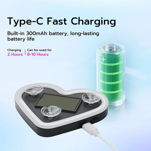 Heart Shaped Car LED Ambient Light With Solar Rechargeable Power and battery illustration, highlighting Type-C fast charging feature