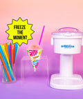 Electric Countertop Snow Cone Maker For Summer Hangouts Hella Awesome Slushie Machine with colorful straws and shaved ice.