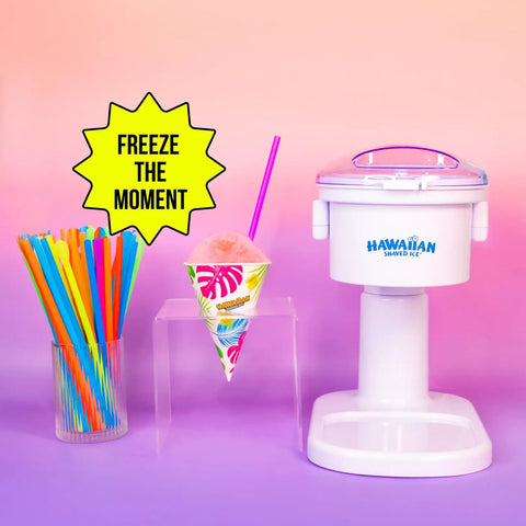 Electric Countertop Snow Cone Maker For Summer Hangouts Hella Awesome Slushie Machine with colorful straws and shaved ice.