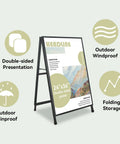 Double Sided A Frame Sign 24X36 Inch Heavy Duty Sandwich Board showcasing outdoor features and double-sided poster capability.