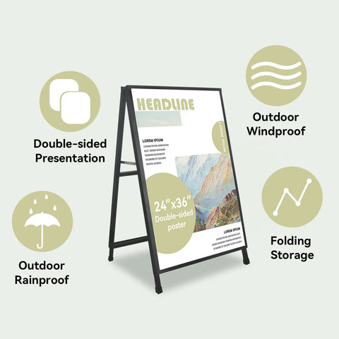 Double Sided A Frame Sign 24X36 Inch Heavy Duty Sandwich Board showcasing outdoor features and double-sided poster capability.