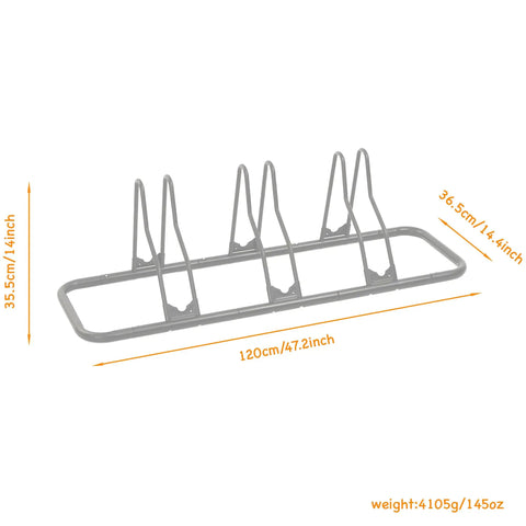 Heavy Duty Bicycle Floor Parking Rack Stand For Mountain And Road Bikes Indoor Home Garage Storage Stable Vertical 3 Bike Holder With Tire Grooves Easy Load Space Saver Durable, shown from side angle with measurements.