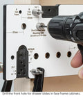 Precision Shelf Pin Drilling Template Slides In Smooth For Dead On Accuracy On Face Frame And Frameless Cabinets With Indexed Guides To Nail Perfect Spacing Every Single Time SPT2 with drill tool aligning the mounting hole.
