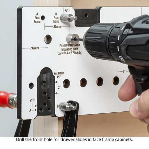 Precision Shelf Pin Drilling Template Slides In Smooth For Dead On Accuracy On Face Frame And Frameless Cabinets With Indexed Guides To Nail Perfect Spacing Every Single Time SPT2 with drill tool aligning the mounting hole.