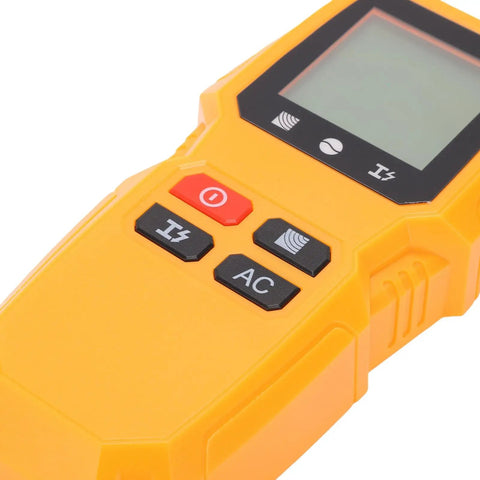 Close-up of Stud Finder Wall Scanner Wood Metal Beam AC Wire Detector with buttons and LCD display.