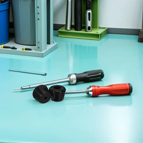 Roller Skate Toe Stops And Brake Stoppers With Screws For Quad Skates Replacement Parts on a workbench with tools