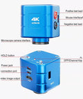 Close-up of 4K 1080P Digital Microscope Camera With HDMI And USB Outputs showing ports and buttons, compact blue design