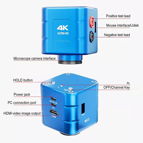 Close-up of 4K 1080P Digital Microscope Camera With HDMI And USB Outputs showing ports and buttons, compact blue design