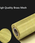 High quality brass mesh roll with close-up view of weave, used for filtration and shielding in various testing applications.