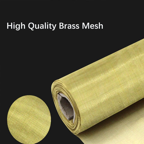 High quality brass mesh roll with close-up view of weave, used for filtration and shielding in various testing applications.