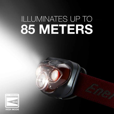 Close-up of Pro-315 LED Headlamp With IPX4 Water Resistance showing illumination up to 85 meters in dark setting.