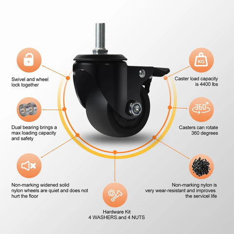 Heavy Duty 3 Inch Threaded Stem Casters With Dual Locking Swivel Wheels 1/2-13 X 1, 1100 Lbs Per Caster, 4400 Lbs Total Capacity