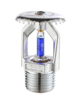One Piece 141C Automatic Fire Sprinkler Head For Total Property Safety And Security Quick And Easy Setup Pendent Or Upright Mounting showing chrome finish and blue glass bulb.