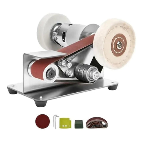 Mini Electric Belt Sander Kit For DIY Enthusiasts Multifunctional Tool with polishing belt and knife sharpener accessories.