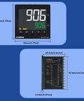 PID Temperature Controller With Dual Output Relay And SSR, LCD Display, dimensions shown for panel mount 96x96mm, blue background.
