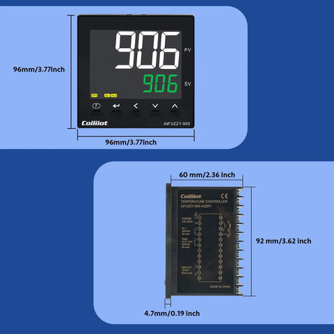 PID Temperature Controller With Dual Output Relay And SSR, LCD Display, dimensions shown for panel mount 96x96mm, blue background.
