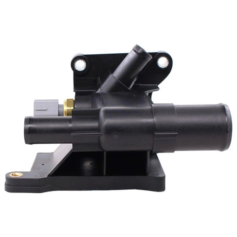 Side view of Engine Coolant Water Outlet Thermostat with Sensor for Mazda 3 5 6 and CX7 2006 through 2015 replacement part