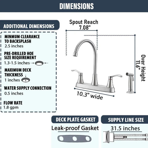 Dimensions of Brushed Nickel Kitchen Faucet With Sprayer And Side Sprayer 3 Hole RV Utility Touch Faucet In Stainless Steel