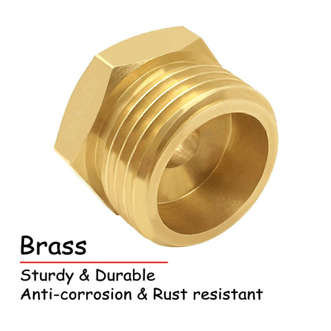 Close-up of brass water line adapter, 3/4 GHT male to 3/8 in compression female