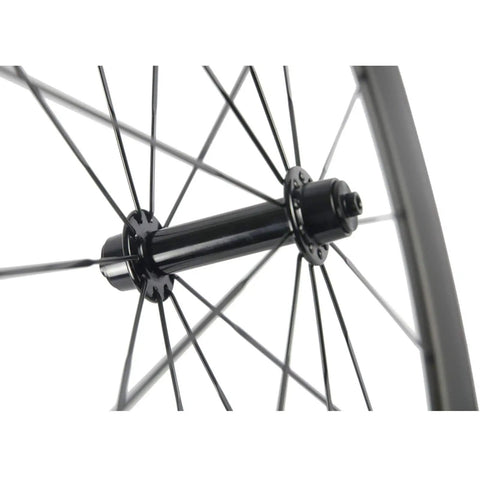 Close-up of hub and spokes on Ride Ready Carbon Road Wheelset 38 50 60 88mm U Shape 25mm Wide 700c Clincher UD Carbon Shimano.