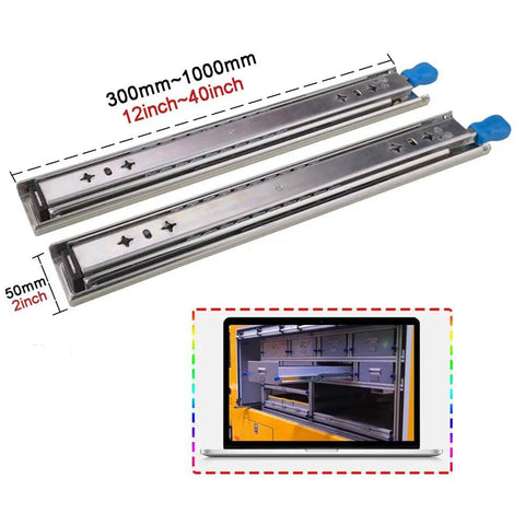 Heavy Duty Ball Bearing Drawer Slides Pair 12-40 inch steel cabinet rails showing smooth glide mechanism.