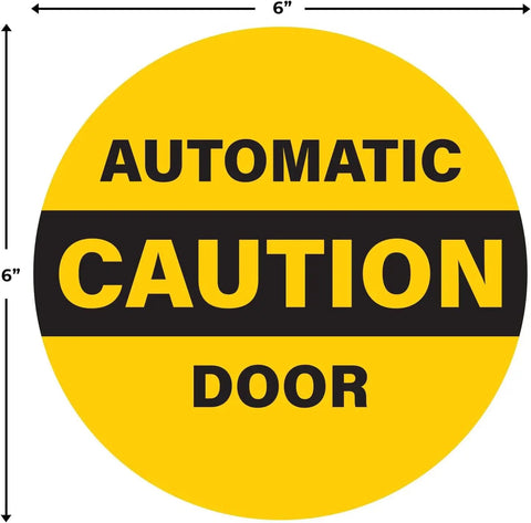 Image of a 6-inch diameter yellow caution automatic door sticker for sliding glass doors, double-sided weatherproof vinyl decal.