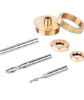 SpeTool router inlay kit with brass bushings, knurled ring, and two carbide spiral upcut bits (1/8" and 1/4" dia, 1/4" shank).