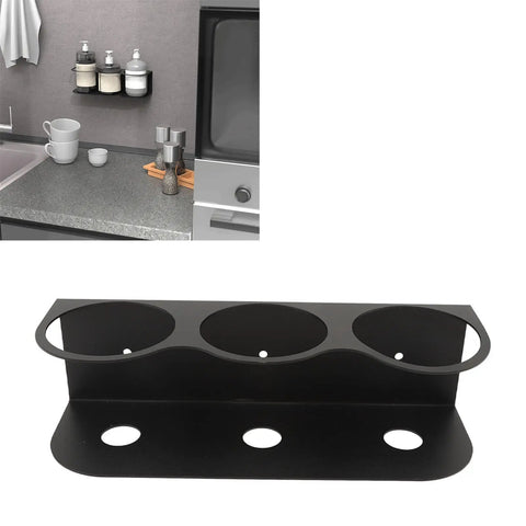 Heavy Duty Wall Mount Spray Bottle Holder Carbon Steel Paint Can Dispenser Rack With Powder Coated Finish For Garage Workshop displayed in kitchen setting.