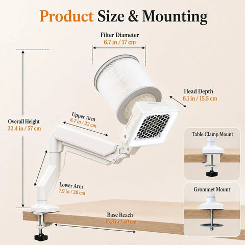 Goes Hard 60 Watt Nail Dust Collector Vacuum size and mounting details with measurements on overall height, filter diameter, and base reach.