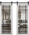 Double Barn Door With Clear Glass In White Silk Finish For Interior, Heavy Duty Black Rail Track System With 13 Ft Hangers
