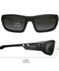 Skullerz Odin Safety Glasses Matte Black With Anti Fog Smoke Lens Fog Off Treatment shown in front and side view with measurements
