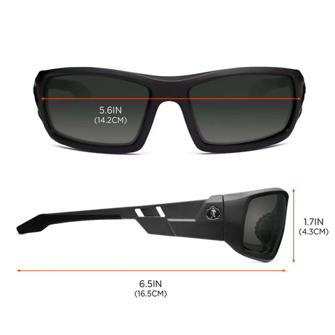 Skullerz Odin Safety Glasses Matte Black With Anti Fog Smoke Lens Fog Off Treatment shown in front and side view with measurements