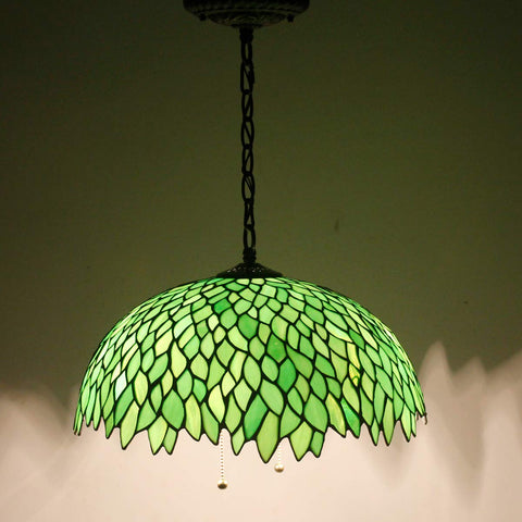 Showpiece Tiffany Style Pendant Light Fixture With Green Wisteria Stained Glass, 16 Inch Wide Shade, 40 Inch Overall Height Hanging Lamp